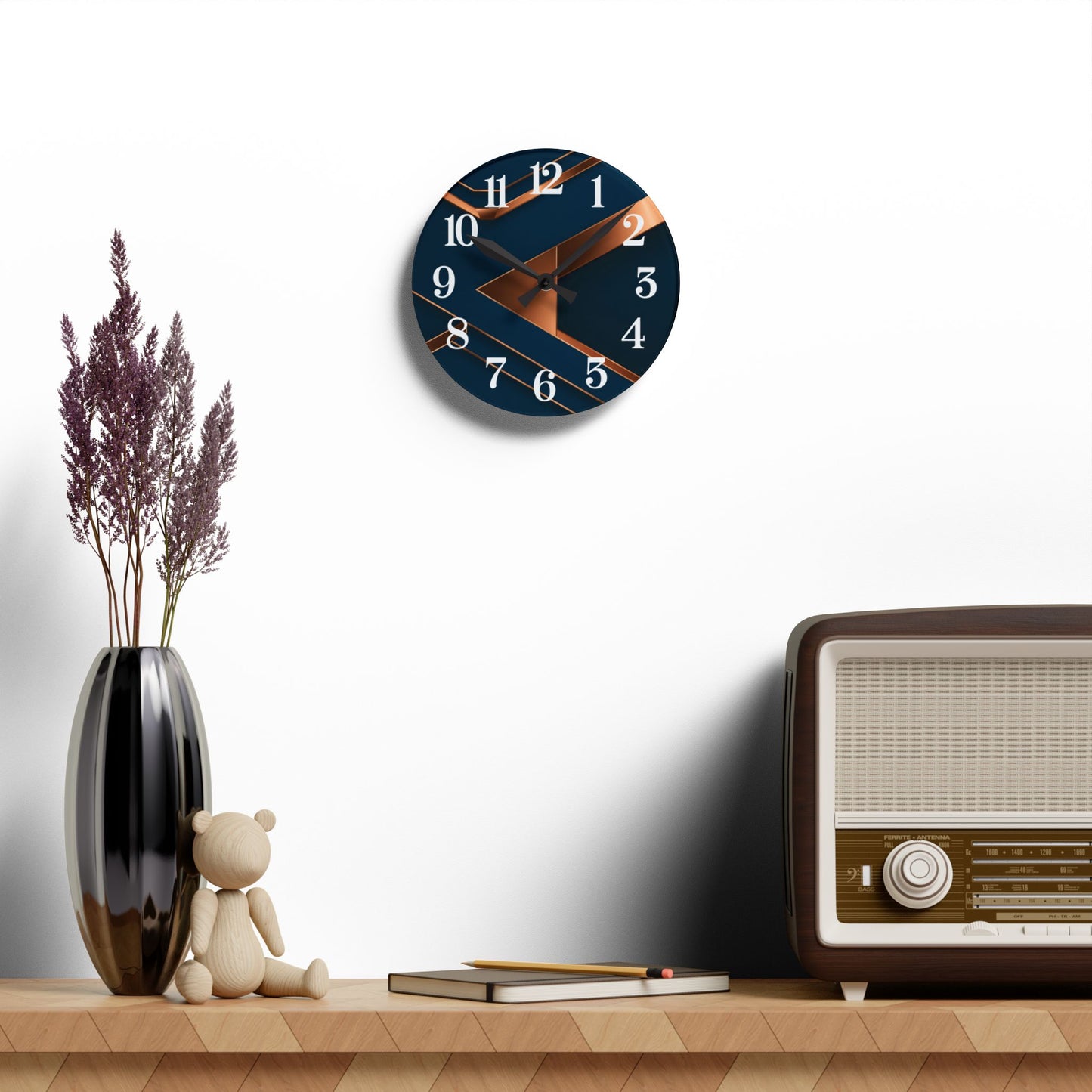 Modern Navy & Copper Wall Clock – Geometric Round Clock for Office or Home Decor