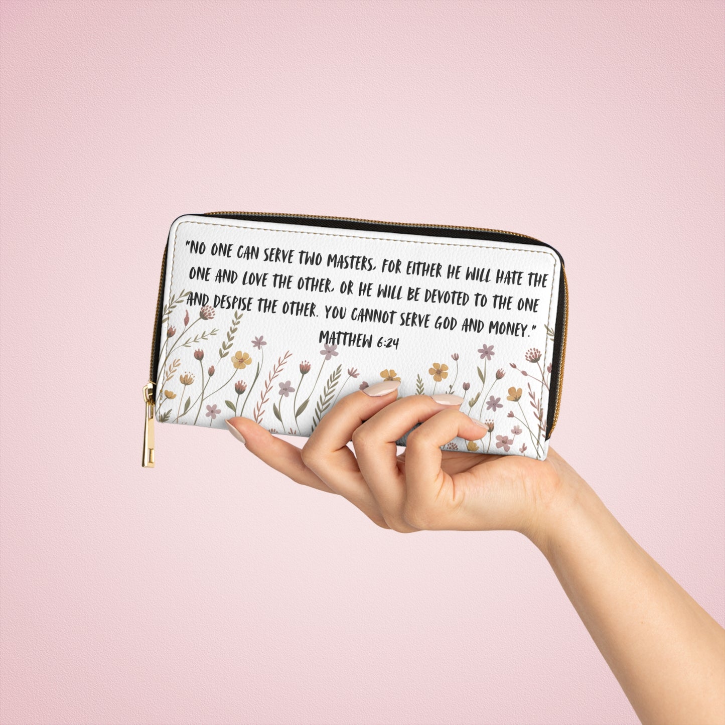 Christian Floral Scripture Wallet – Matthew 6:24 Verse Zipper Clutch | Faith Gift for Women