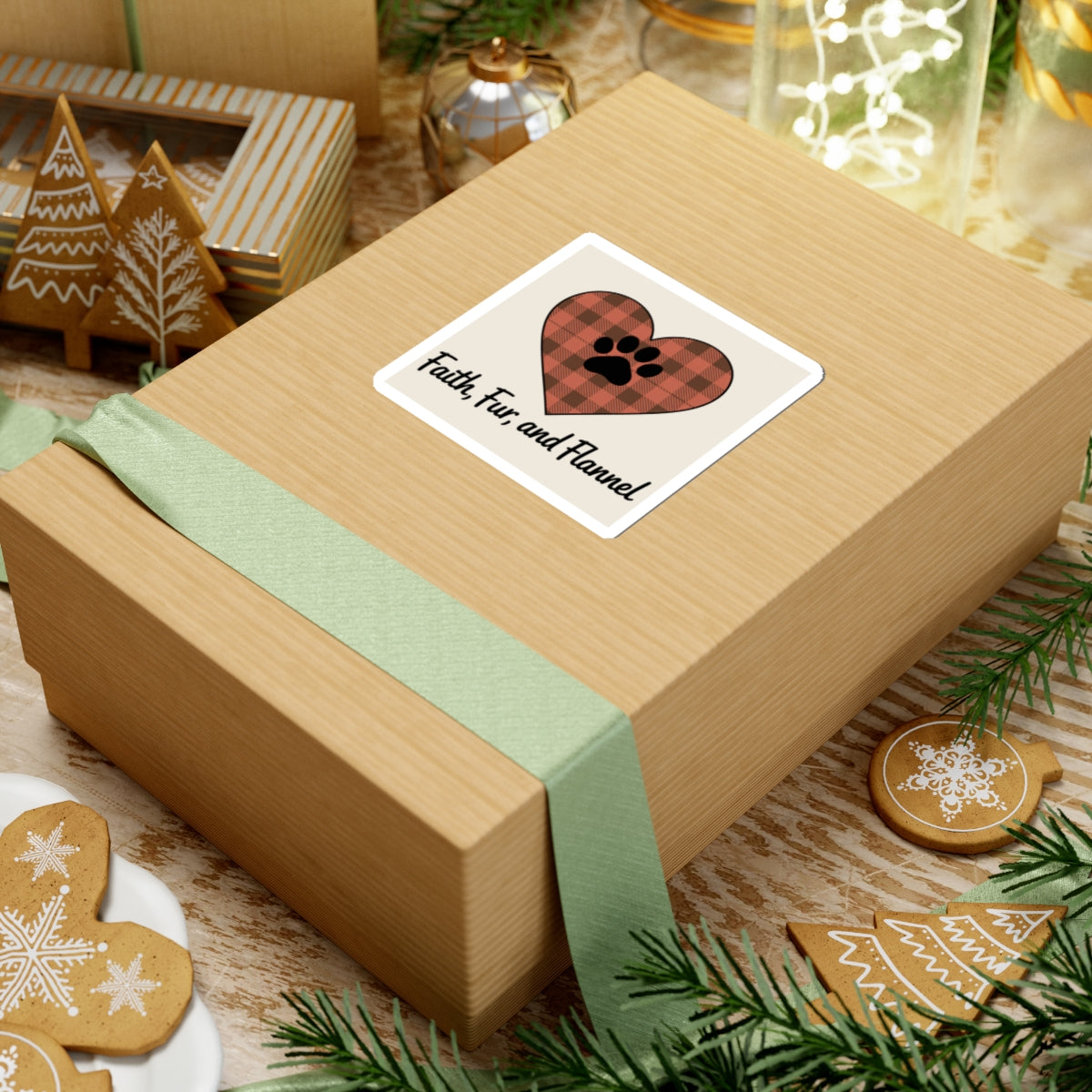 Faith Fur and Flannel Sticker – Rustic Buffalo Plaid Heart with Paw Print, Christian Pet Lover Decal, Cozy Fall Laptop Sticker