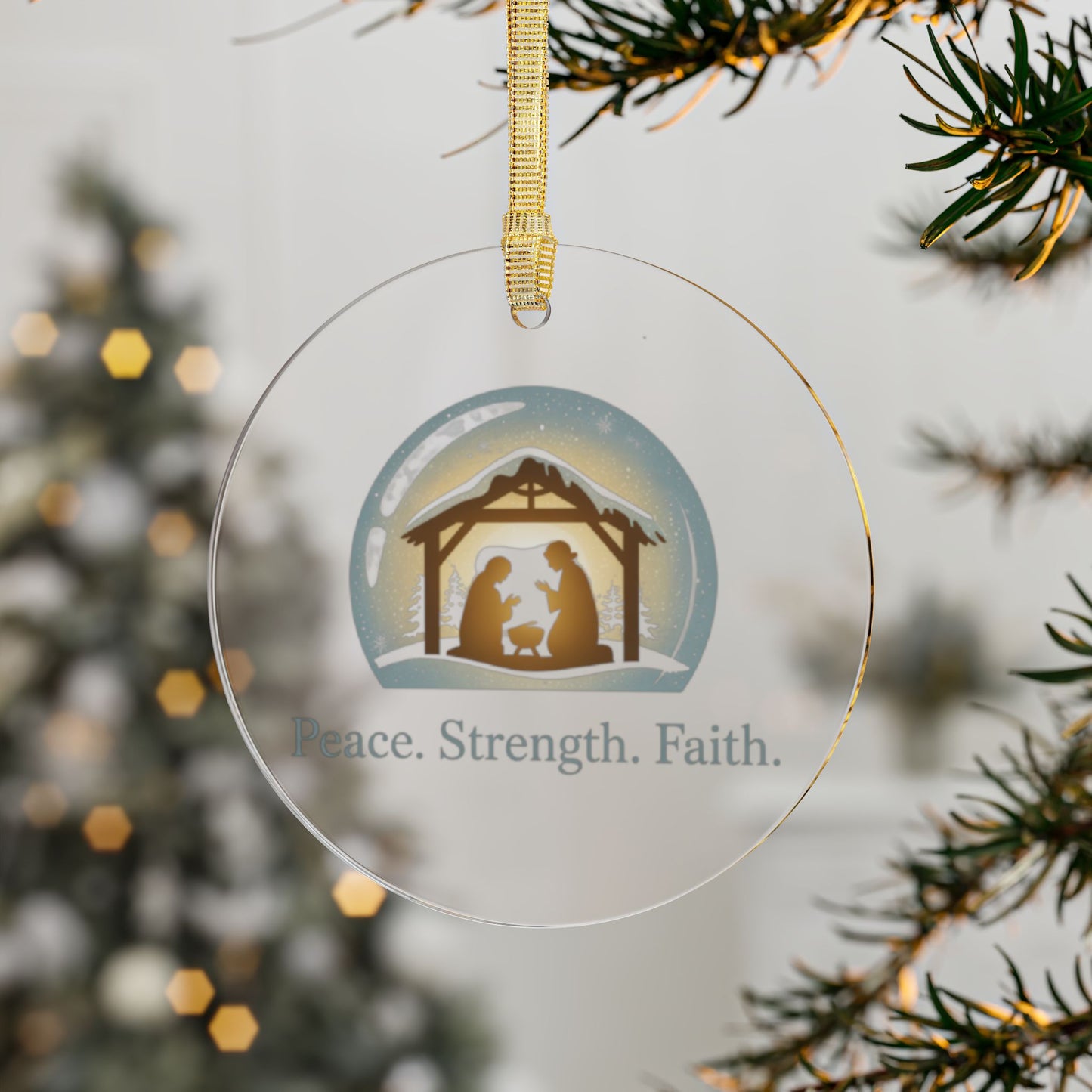 Nativity Ornament – Peace Strength Faith Christmas Decoration, Christian Acrylic Tree Ornament, Holy Family Holiday Keepsake