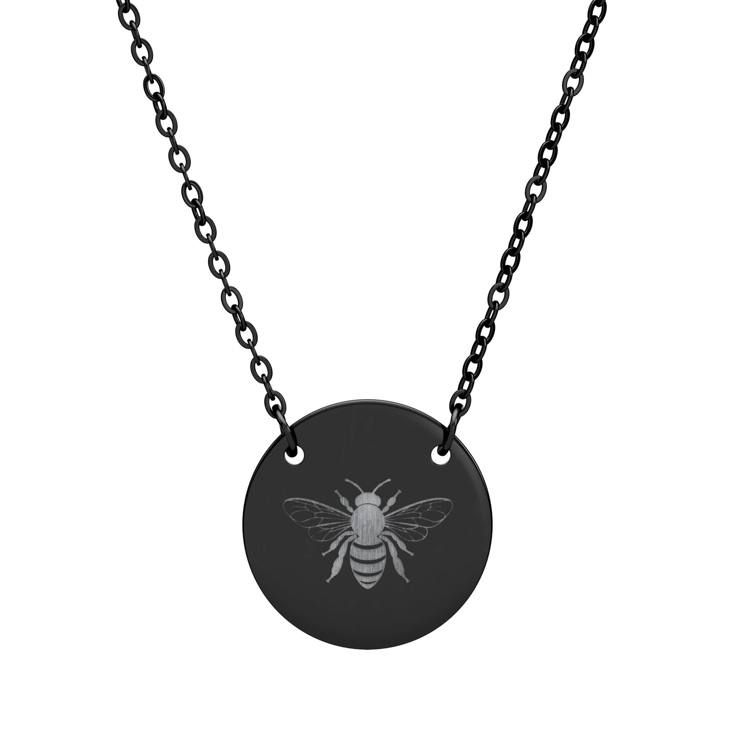 Bee Engraved Circle Necklace, Minimalist Bee Jewelry, Nature Lover Gift, Gold Silver Black Pendant Necklace, Meaningful Everyday Jewelry