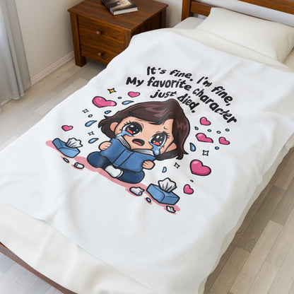 Funny Emotional Throw Blanket – “My Favorite Character Just Died” Cozy Fandom Comfort Gift