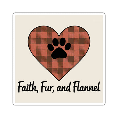 Faith Fur and Flannel Sticker – Rustic Buffalo Plaid Heart with Paw Print, Christian Pet Lover Decal, Cozy Fall Laptop Sticker
