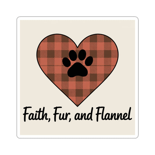 Faith Fur and Flannel Sticker – Rustic Buffalo Plaid Heart with Paw Print, Christian Pet Lover Decal, Cozy Fall Laptop Sticker