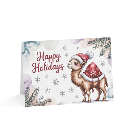 Happy Holidays Camel Greeting Card – Cute Christmas Card with Winter Camel in Santa Hat