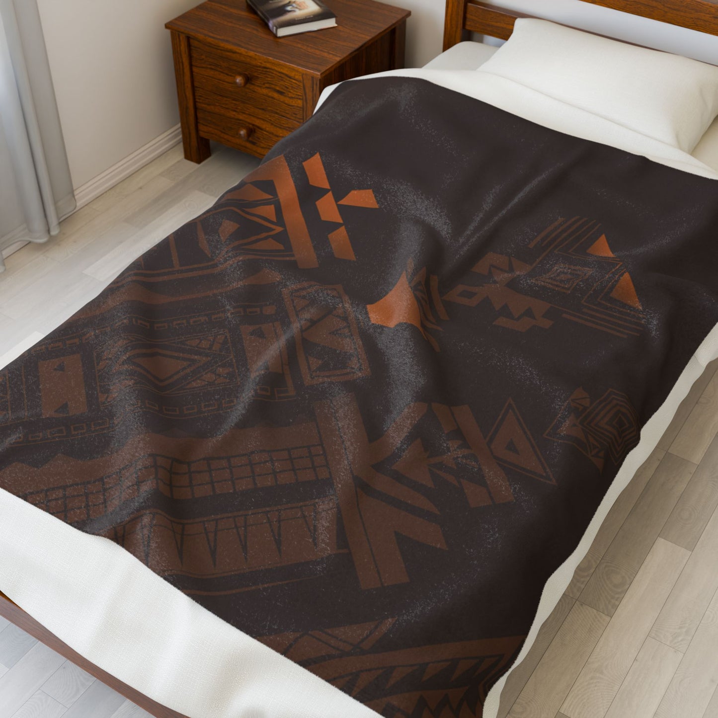 Geometric Tribal Velveteen Plush Blanket – Dark Rustic Masculine Cozy Throw Decor