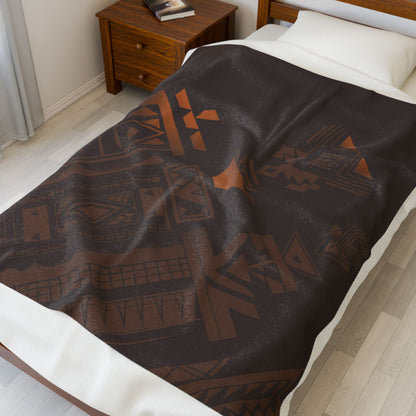 Geometric Tribal Velveteen Plush Blanket – Dark Rustic Masculine Cozy Throw Decor