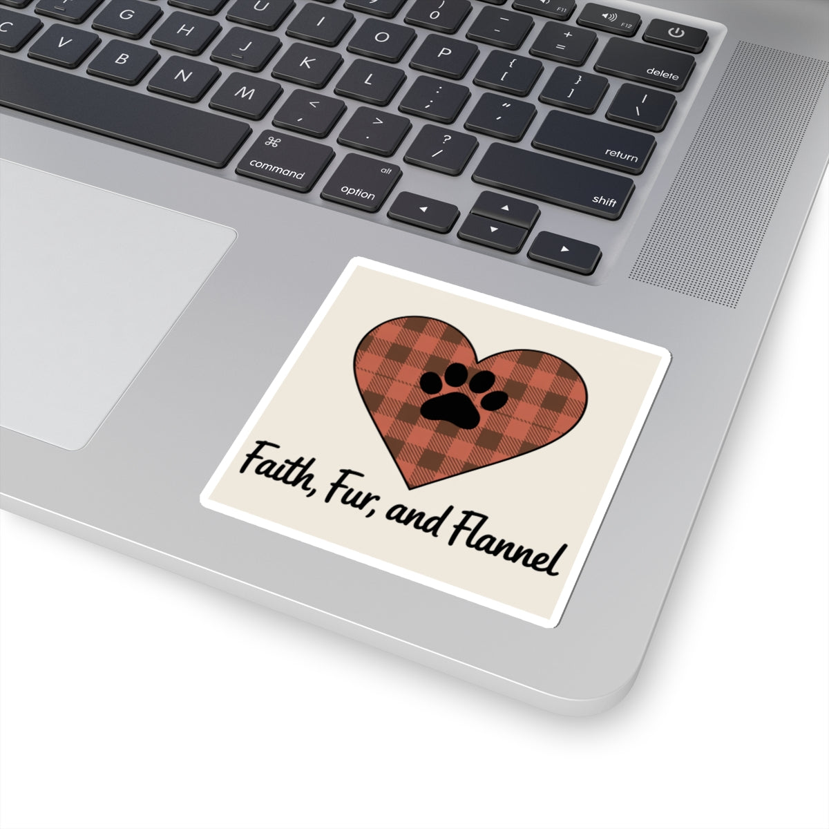 Faith Fur and Flannel Sticker – Rustic Buffalo Plaid Heart with Paw Print, Christian Pet Lover Decal, Cozy Fall Laptop Sticker