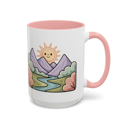 Cute Mountain Sunrise Mug, Nature Lover Coffee Mug, Happy Sun Landscape Cup, Cozy Aesthetic Mug, Outdoorsy Gift Idea