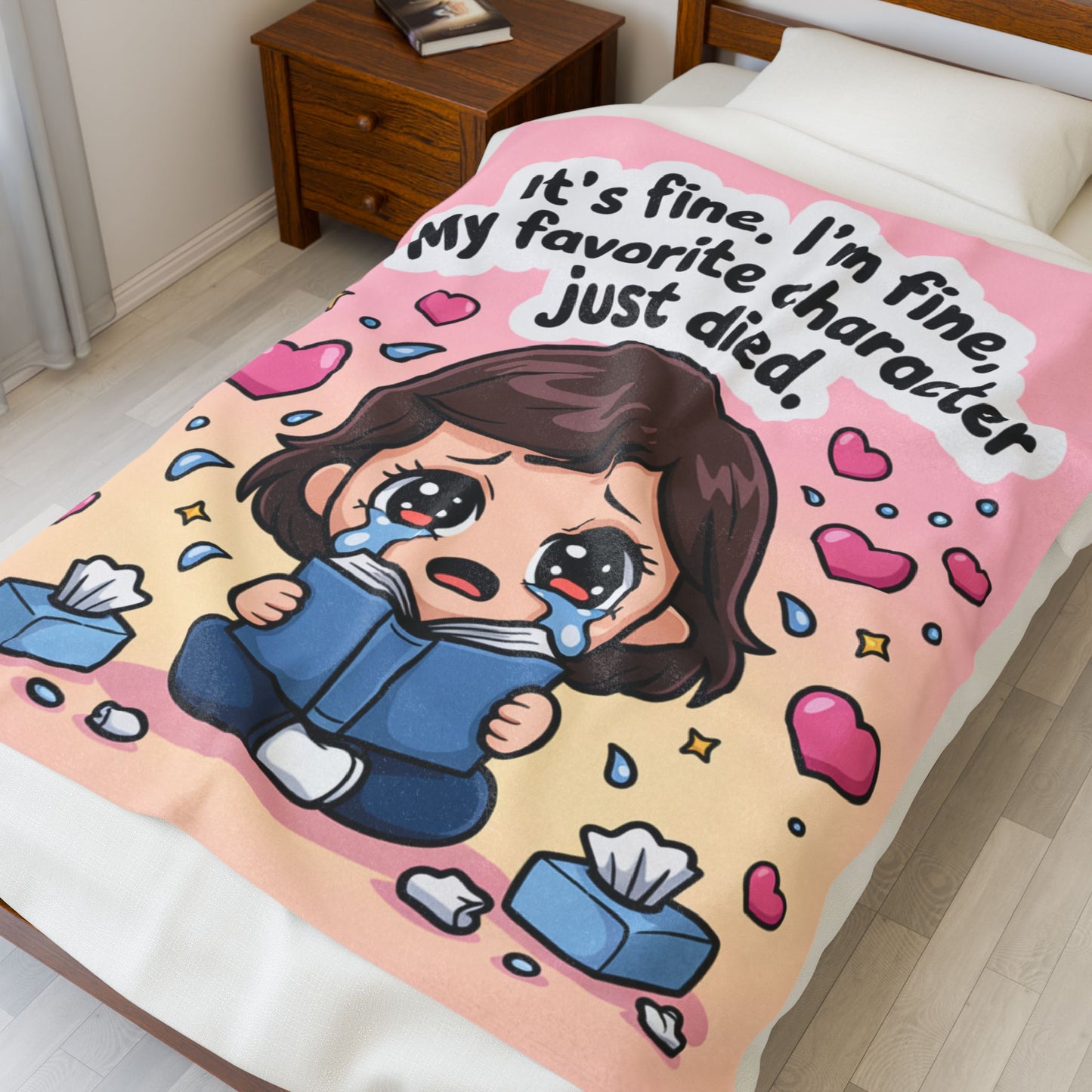 Funny Velveteen Plush Throw Blanket – “My Favorite Character Just Died” Cozy Fandom Gift